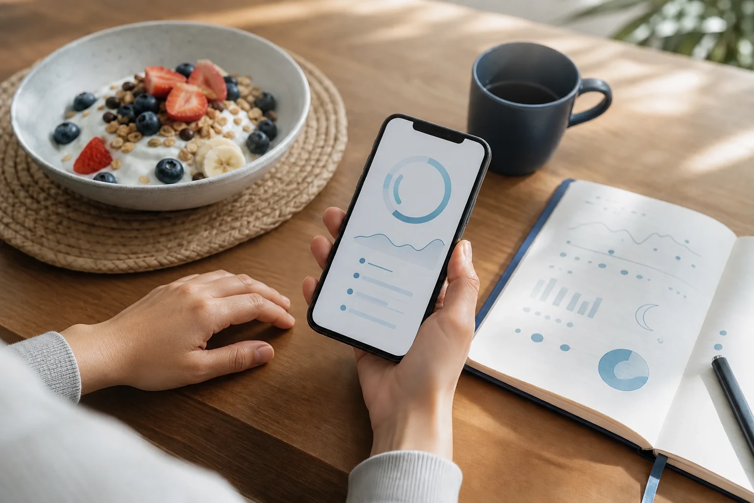 Smartwatch, phone, food, and journal connected as daily health signals