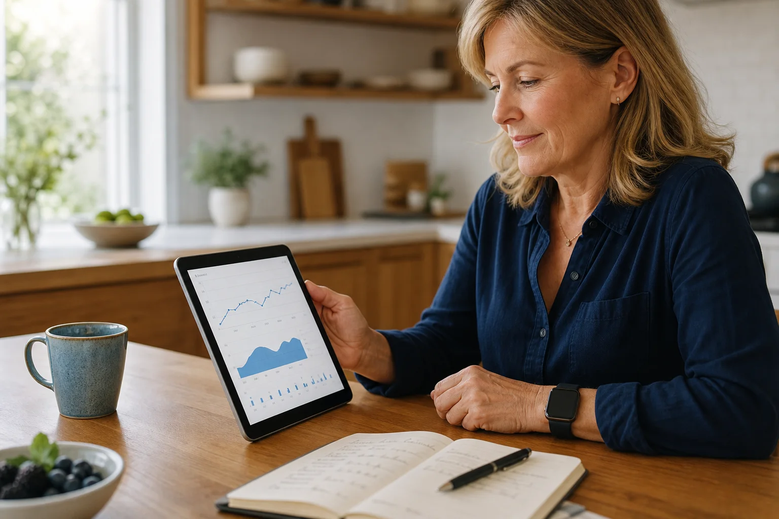 Woman reviewing her personal health trajectory at home