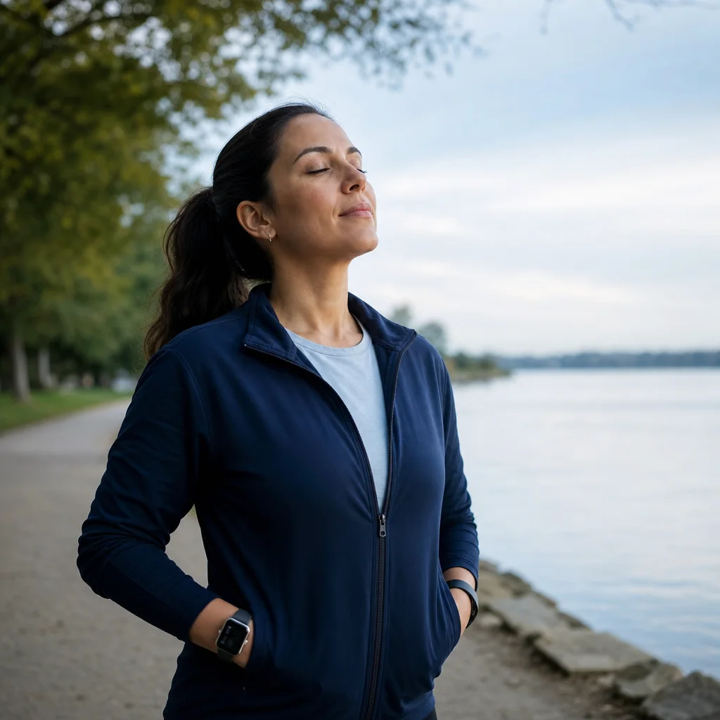 Adult taking a grounded breath beside calm water